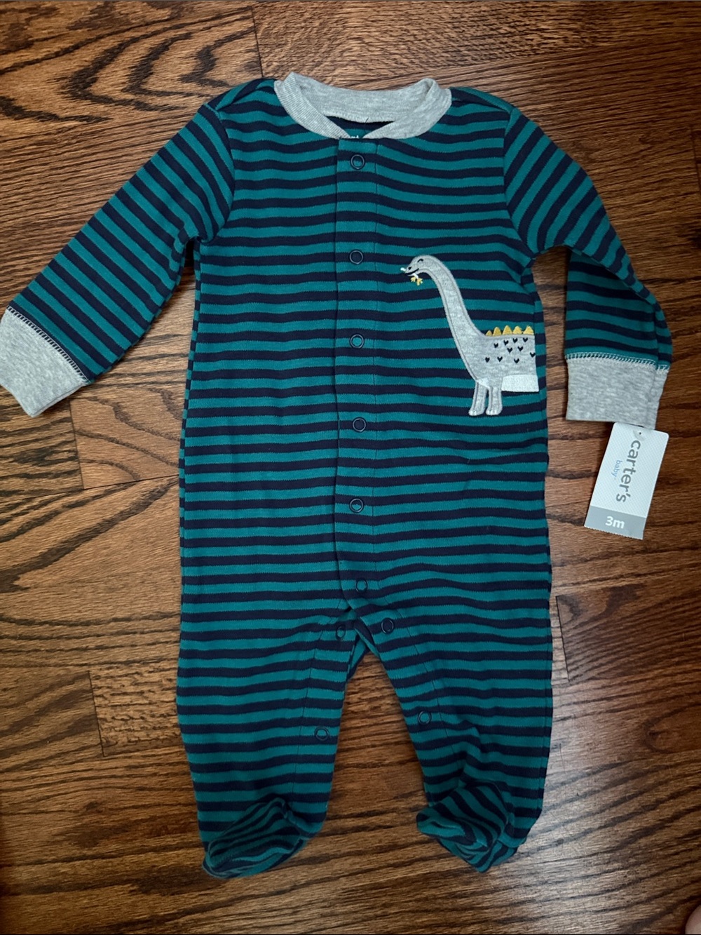 Carter's Teal & Navy Striped Dino Footie